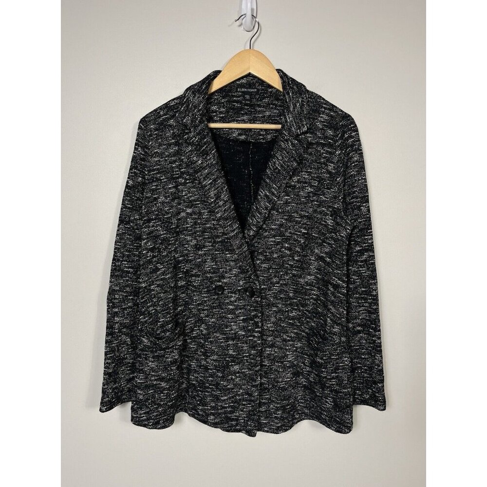 EILEEN FISHER Sweater Blazer Women M Black Double Breasted Organic Cotton Pocket